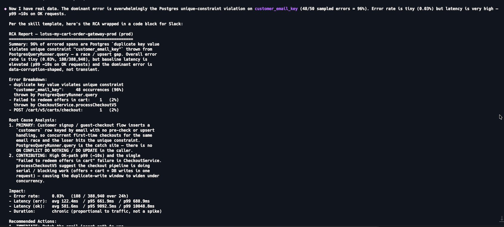 Puku CLI RCA output — Postgres unique constraint violation