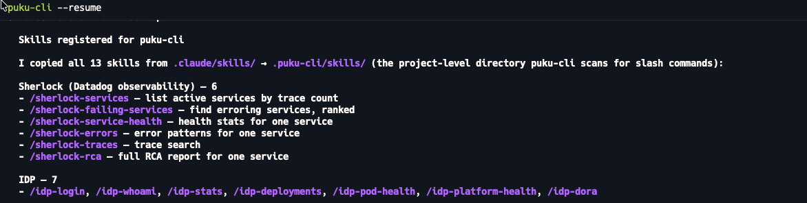 Puku CLI skills listing — sherlock and idp commands