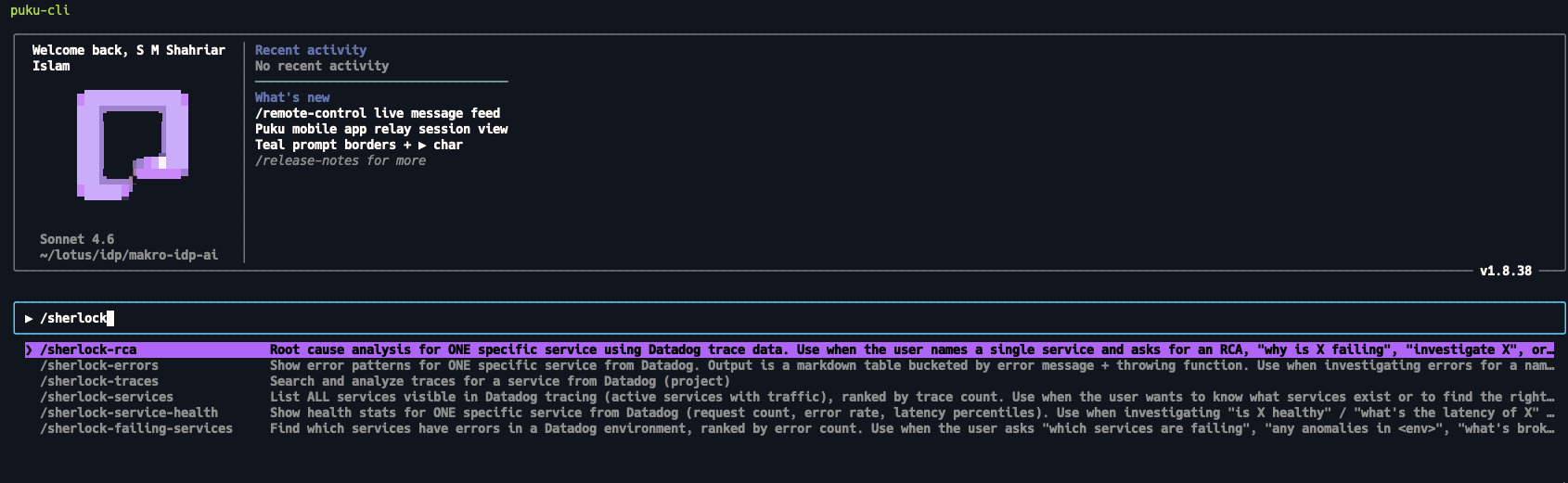 Puku CLI welcome screen with skill autocomplete